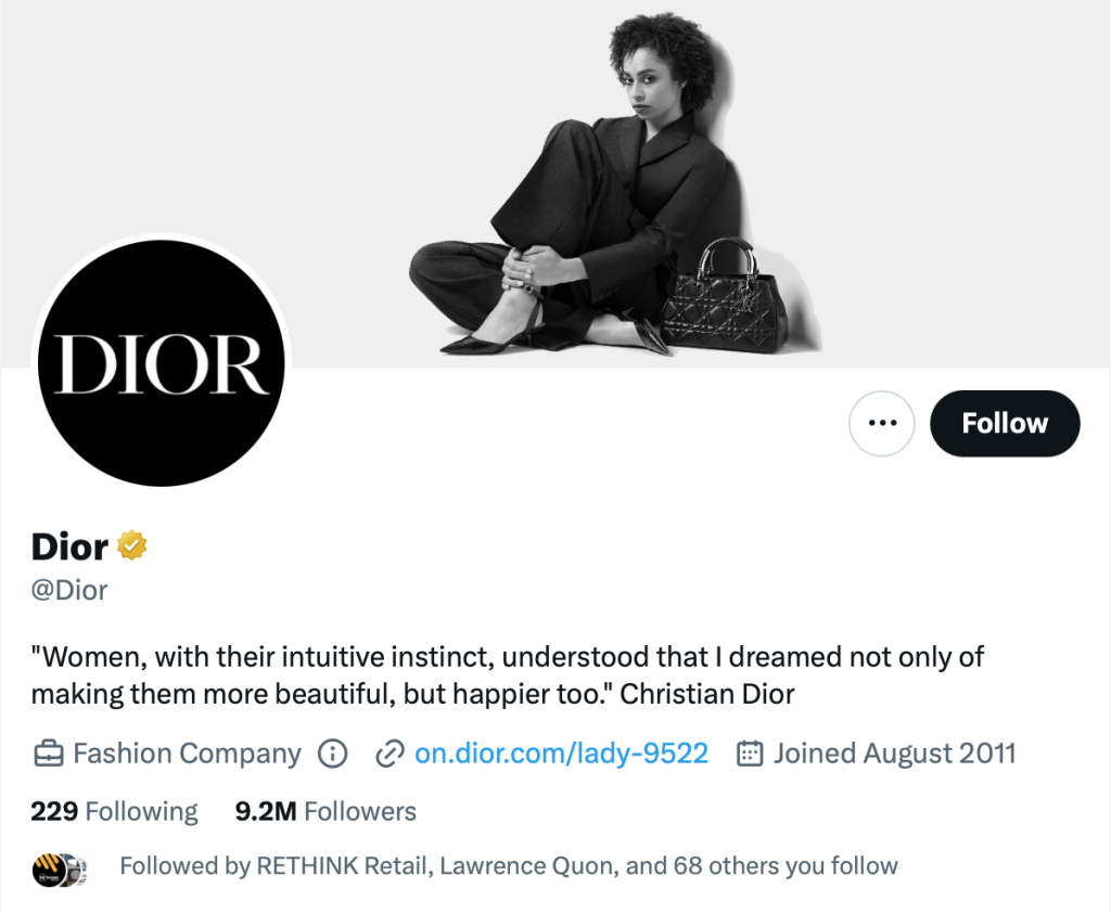 Twitter Verified - Are Retail Brands In Trouble? 5 Twitter Verified - Are Retail Brands In Trouble? - Dior has its verified checkmark (Image from Twitter.com)